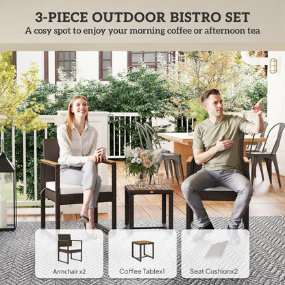 3-Piece Rattan Bistro Set with Acacia Wood Table, White