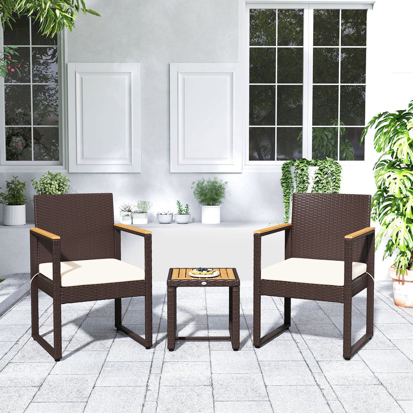 3-Piece Rattan Bistro Set with Acacia Wood Table, White
