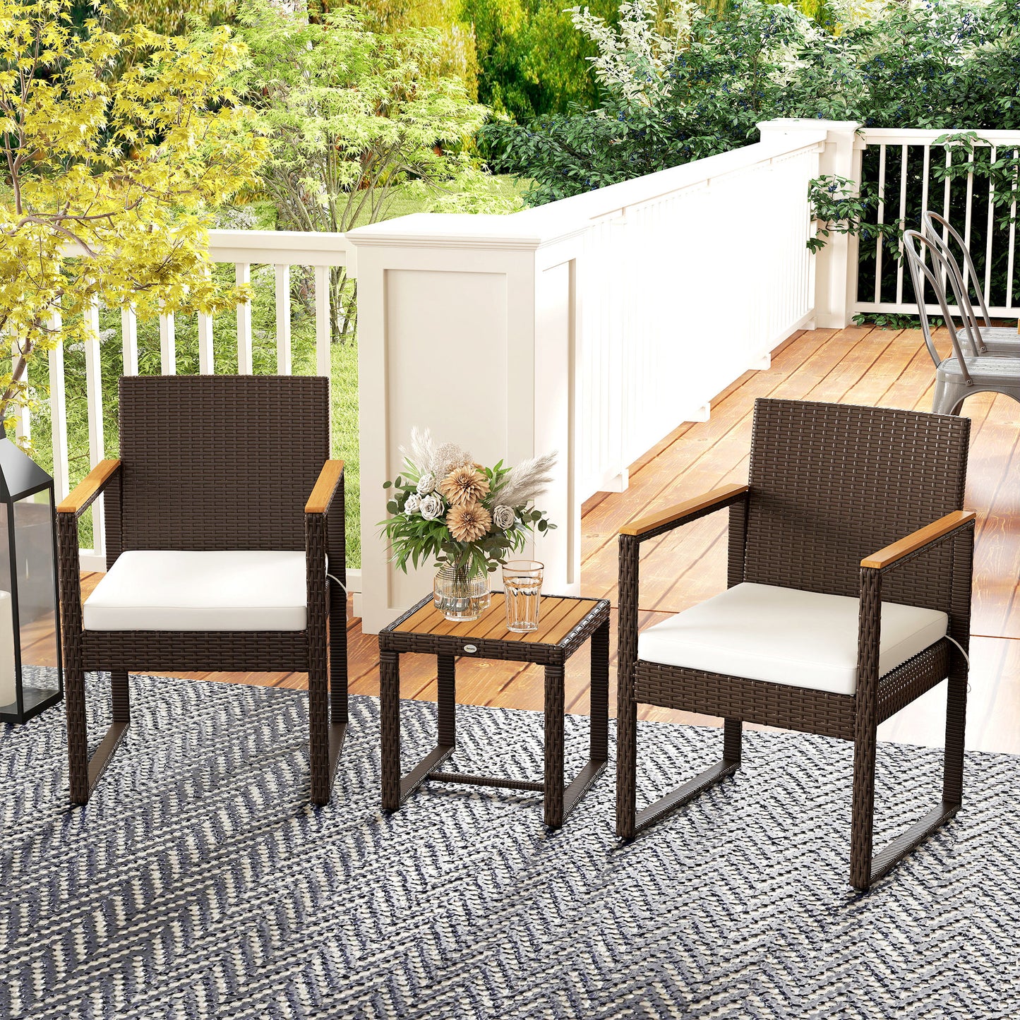 3-Piece Rattan Bistro Set with Acacia Wood Table, White