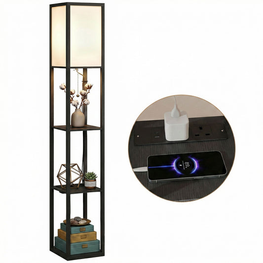 3-Tier Floor Lamp with Shelves and Storage, Modern Corner Standing Lamp with Lampshade, Reading Light with Foot Switch for Living Room, Bedroom, Home Office, LED Bulb Included, Black