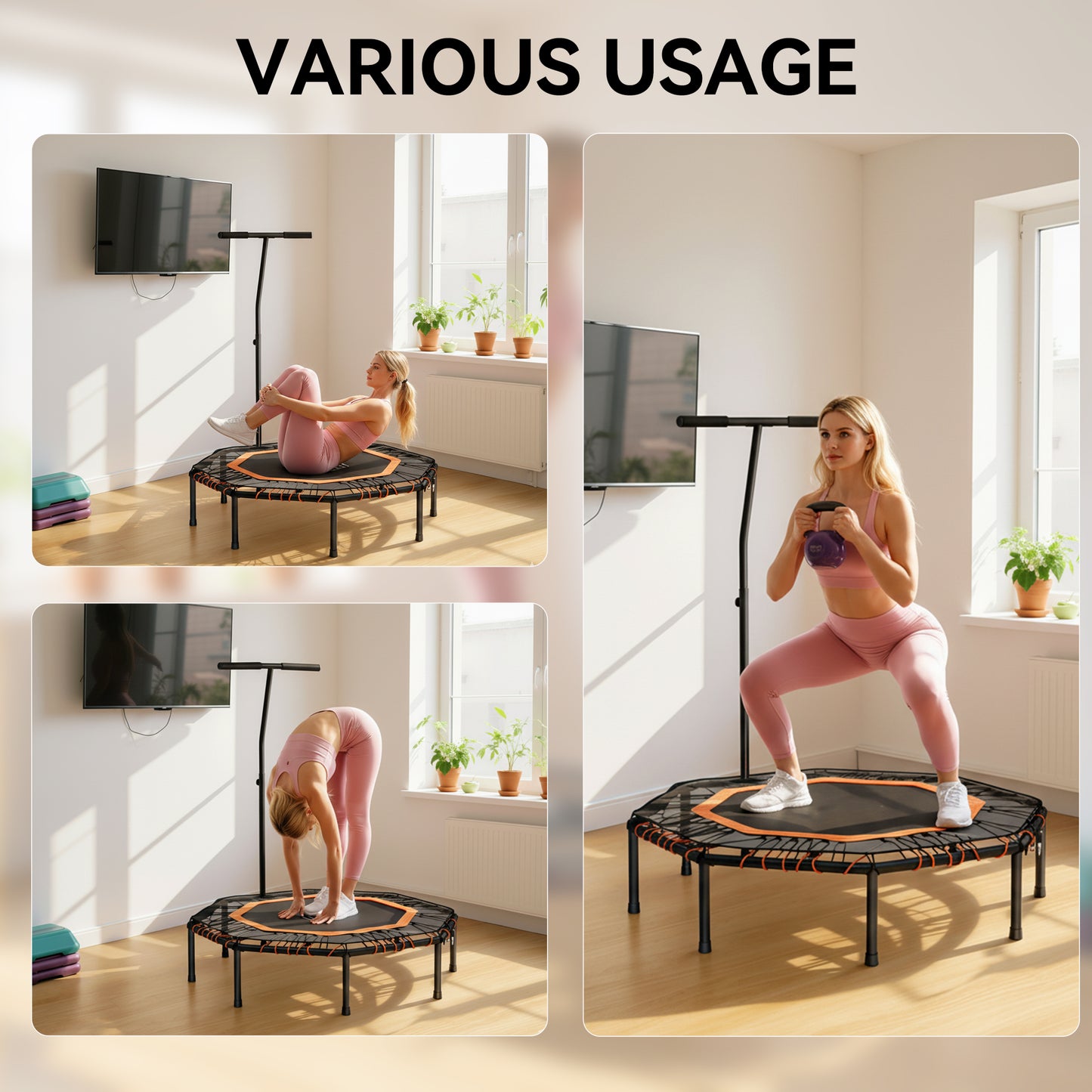 Foldable Trampoline w/ Adjust Handle, Max Load 150 KG, Orange