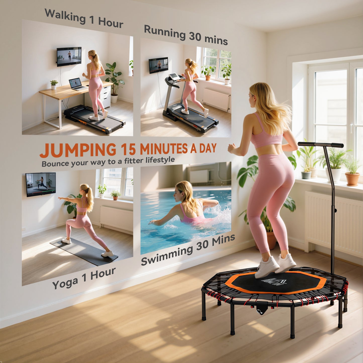 Foldable Trampoline w/ Adjust Handle, Max Load 150 KG, Orange