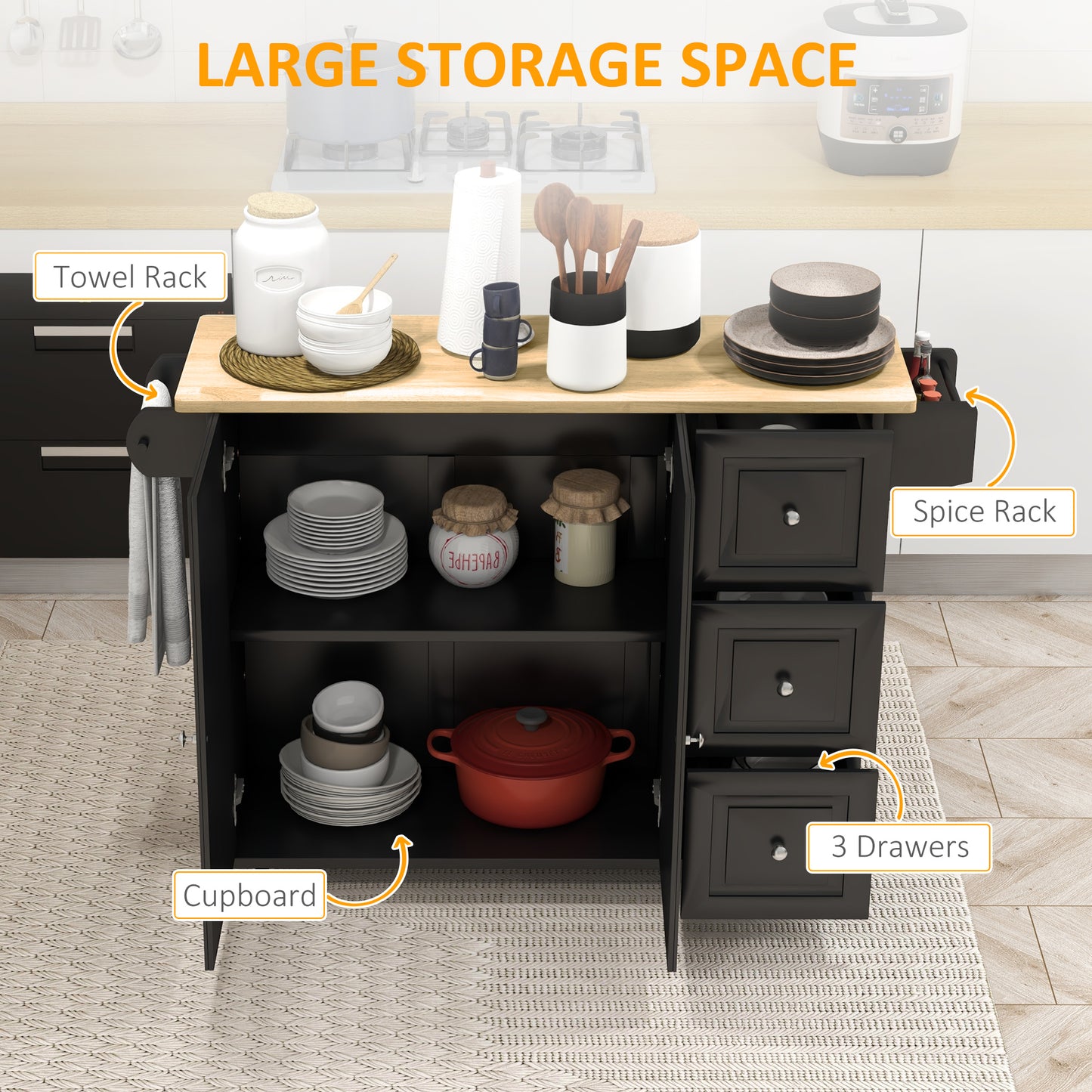 Kitchen Island with Drop Leaf, Rolling Kitchen Storage Trolley on Wheels with 3 Drawers, Spice Rack and Towel Rack, Storage Cart with Rubber Wood Top, Black