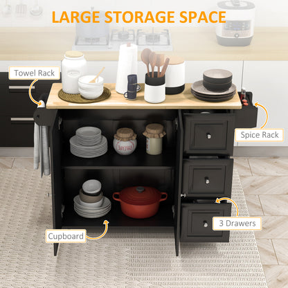 Kitchen Island with Drop Leaf, Rolling Kitchen Storage Trolley on Wheels with 3 Drawers, Spice Rack and Towel Rack, Storage Cart with Rubber Wood Top, Black