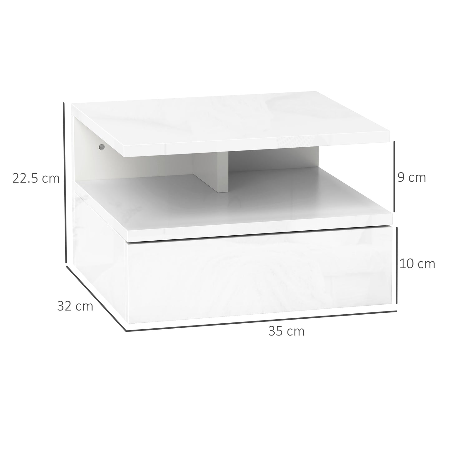 Wall Mounted Nightstand, Floating Bedside Table, High Gloss White