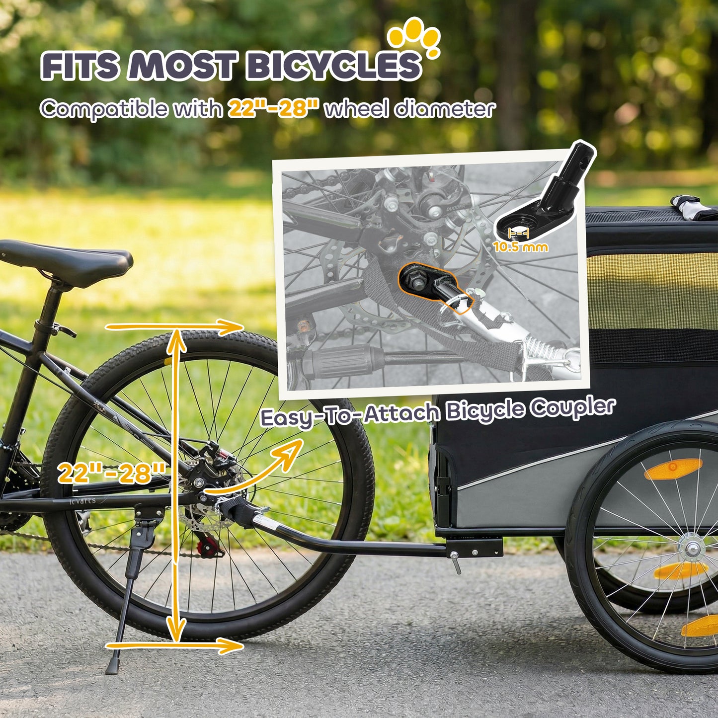 Dog Bike Trailer, Pet Cart Bicycle Carrier for Small and Medium Pets with 20" Inflatable Rubber Wheels, Universal Bicycle Coupler, Reflectors, Flag, Internal Leash, Support Up to 20kg, Grey