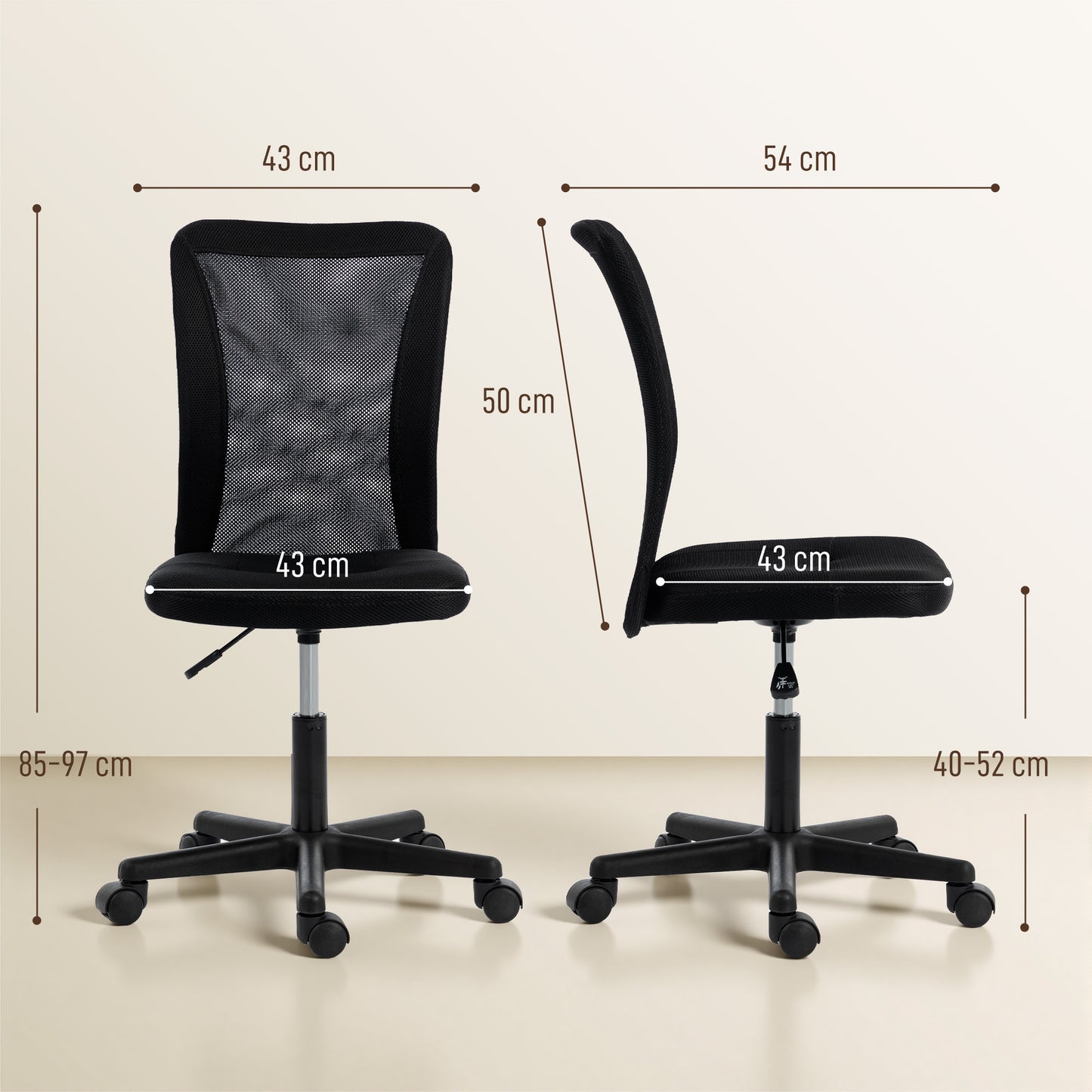 Vinsetto Armless Office Chair, Swivel Desk Chair w/ Adjustable Height, Black