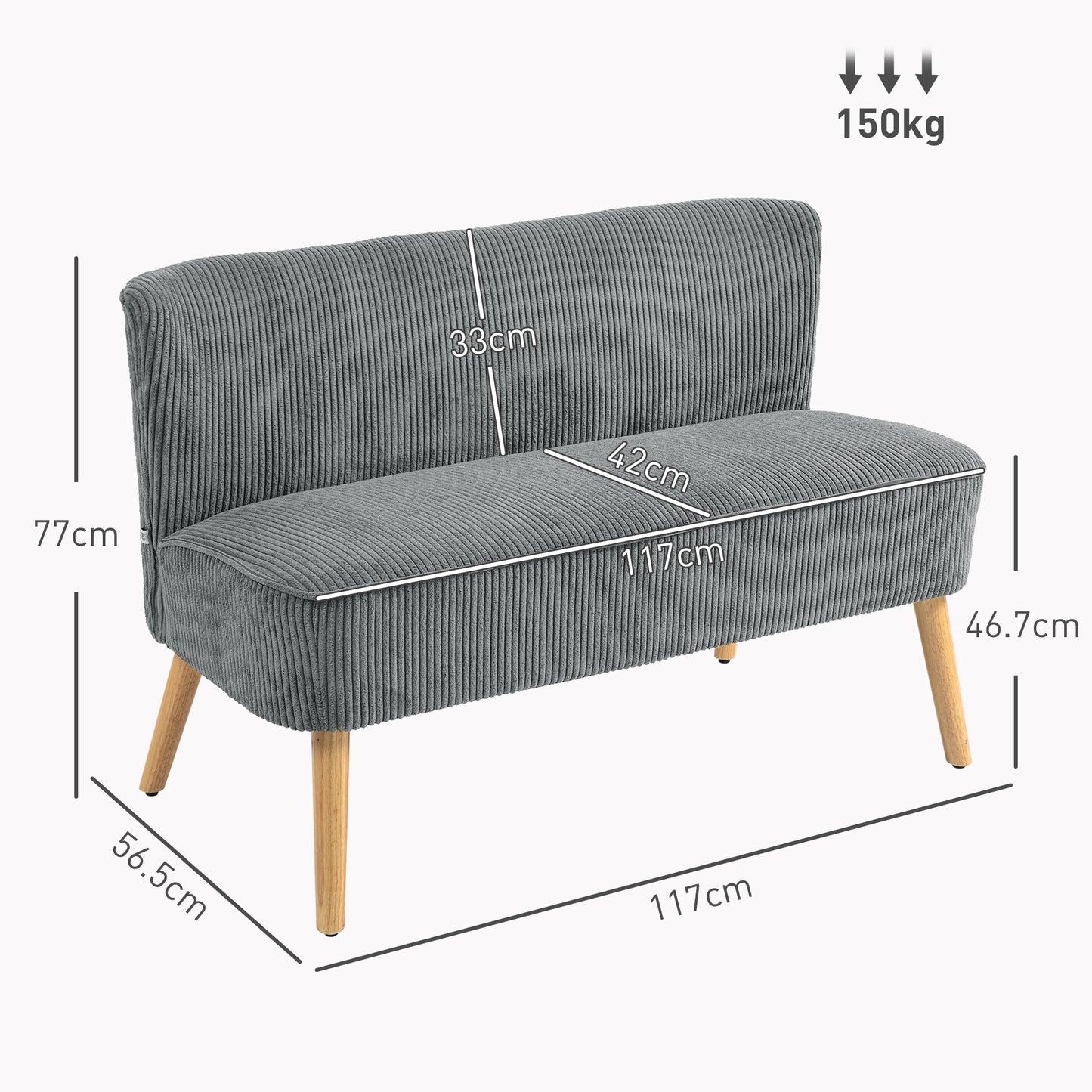 Corduroy Double Sofa w/ Wood Frame Foam Padding High Back, Grey