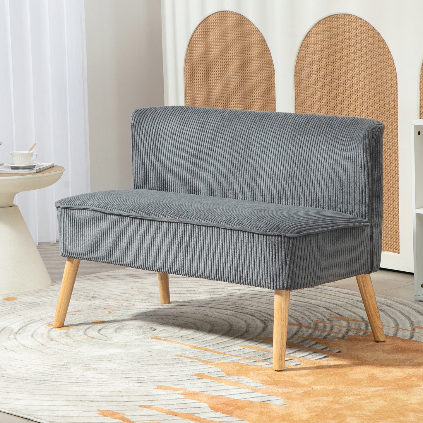 Corduroy Double Sofa w/ Wood Frame Foam Padding High Back, Grey