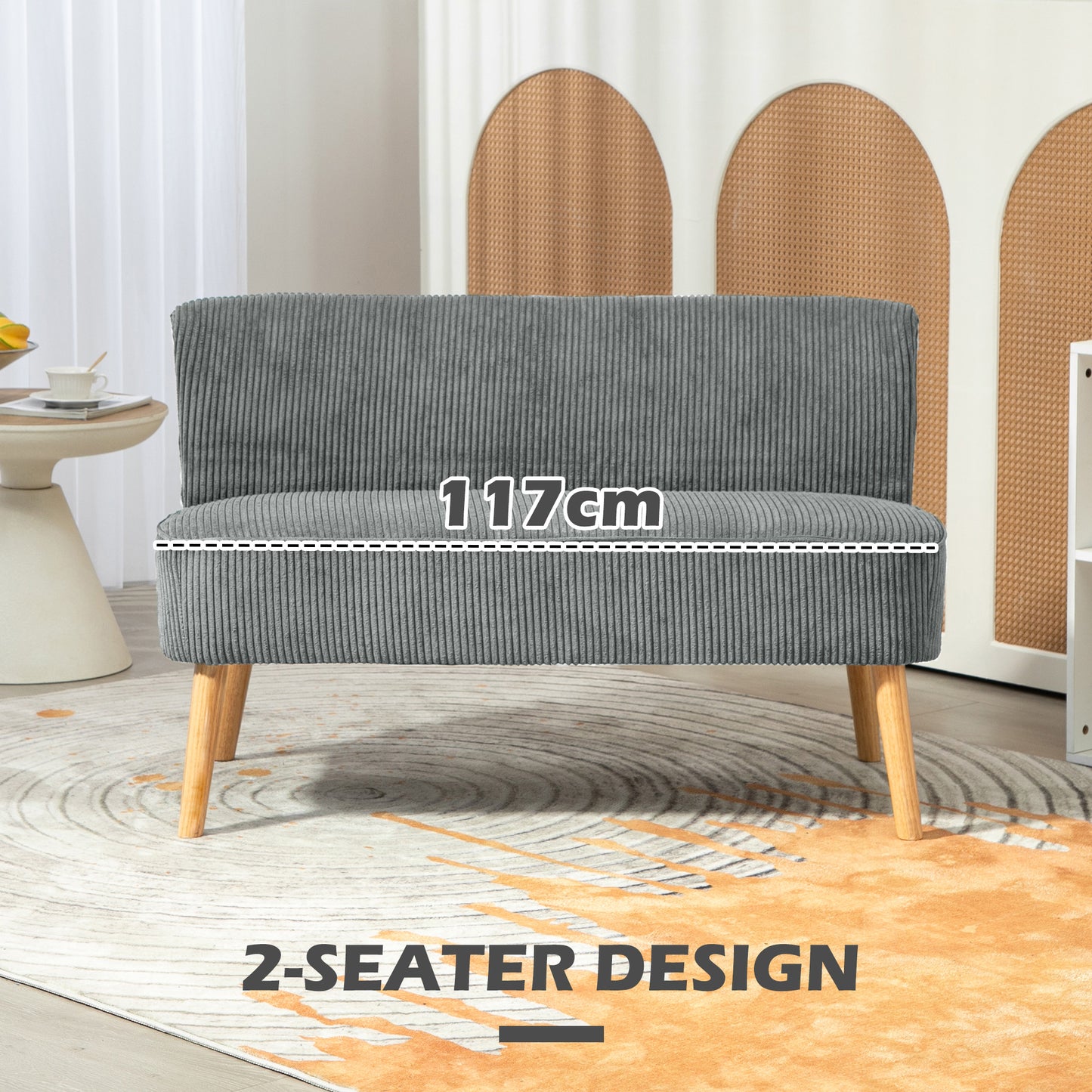 Corduroy Double Sofa w/ Wood Frame Foam Padding High Back, Grey