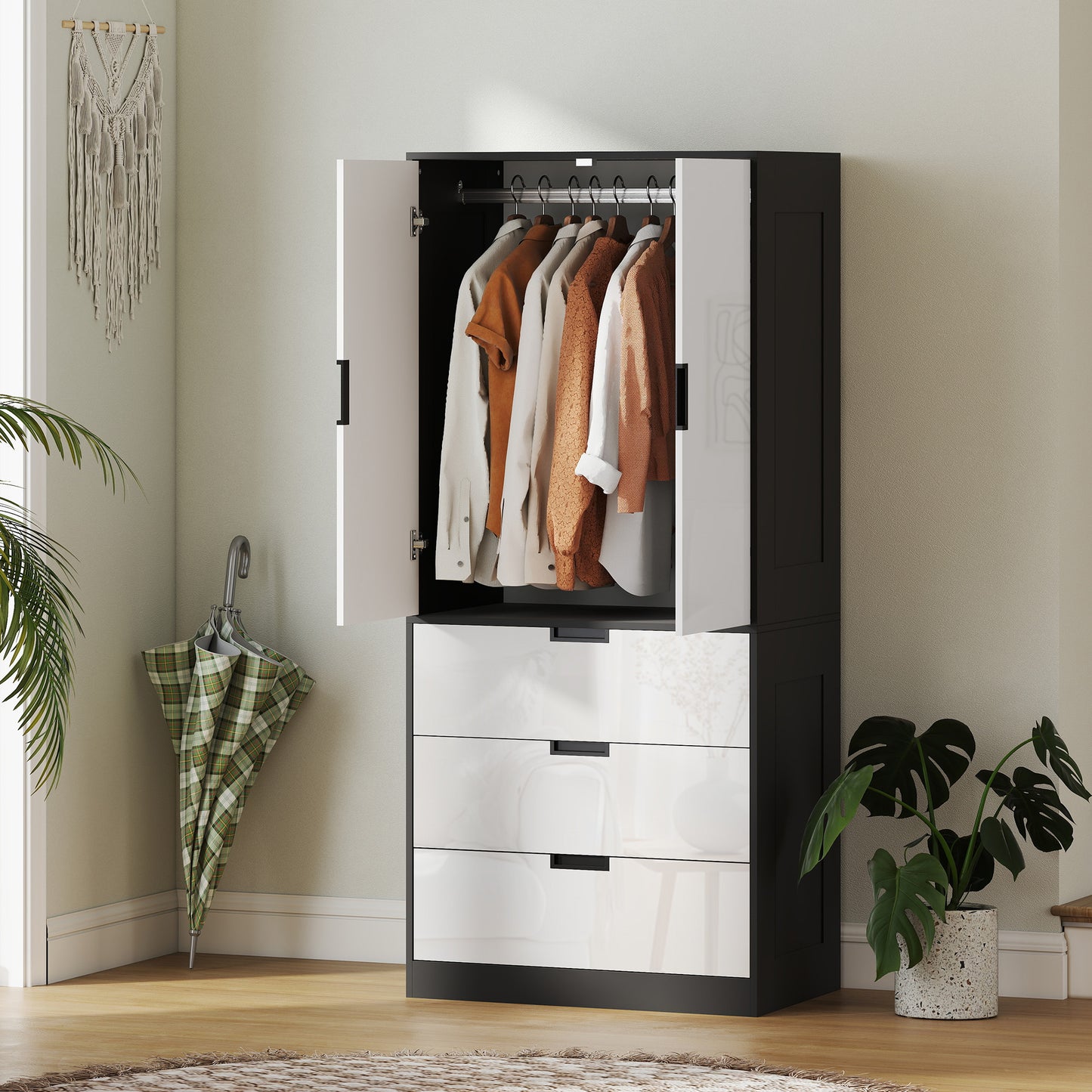2 Door Wardrobe White Wardrobe with 3 Drawer and Hanging Rod for Bedroom