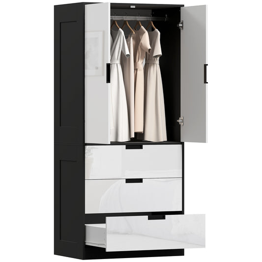 2 Door Wardrobe White Wardrobe with 3 Drawer and Hanging Rod for Bedroom