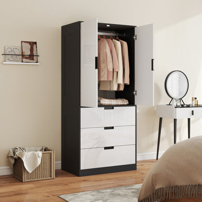 2 Door Wardrobe White Wardrobe with 3 Drawer and Hanging Rod for Bedroom