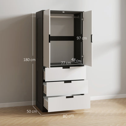 2 Door Wardrobe White Wardrobe with 3 Drawer and Hanging Rod for Bedroom