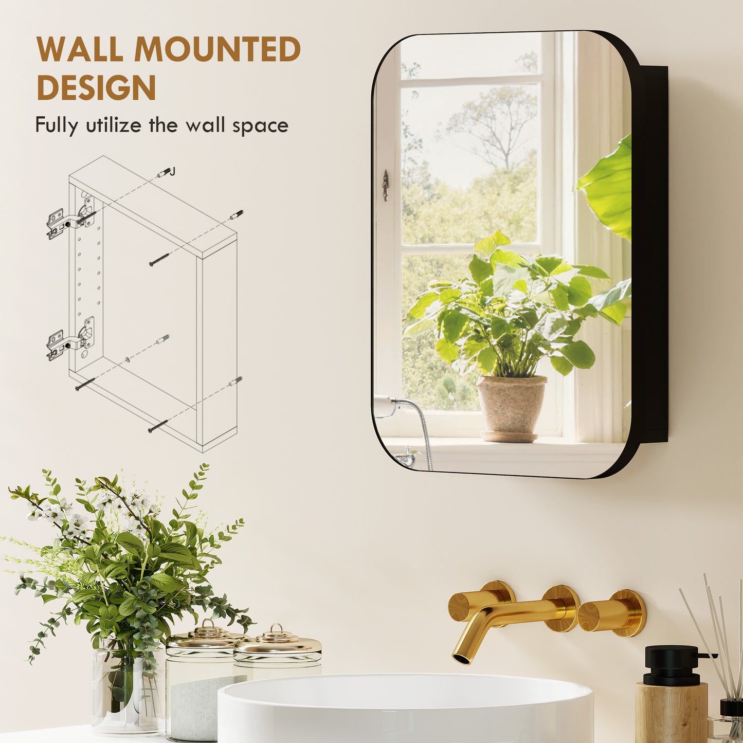 Wall Mounted Bathroom Cabinet with Mirror Adjustable Shelves Black