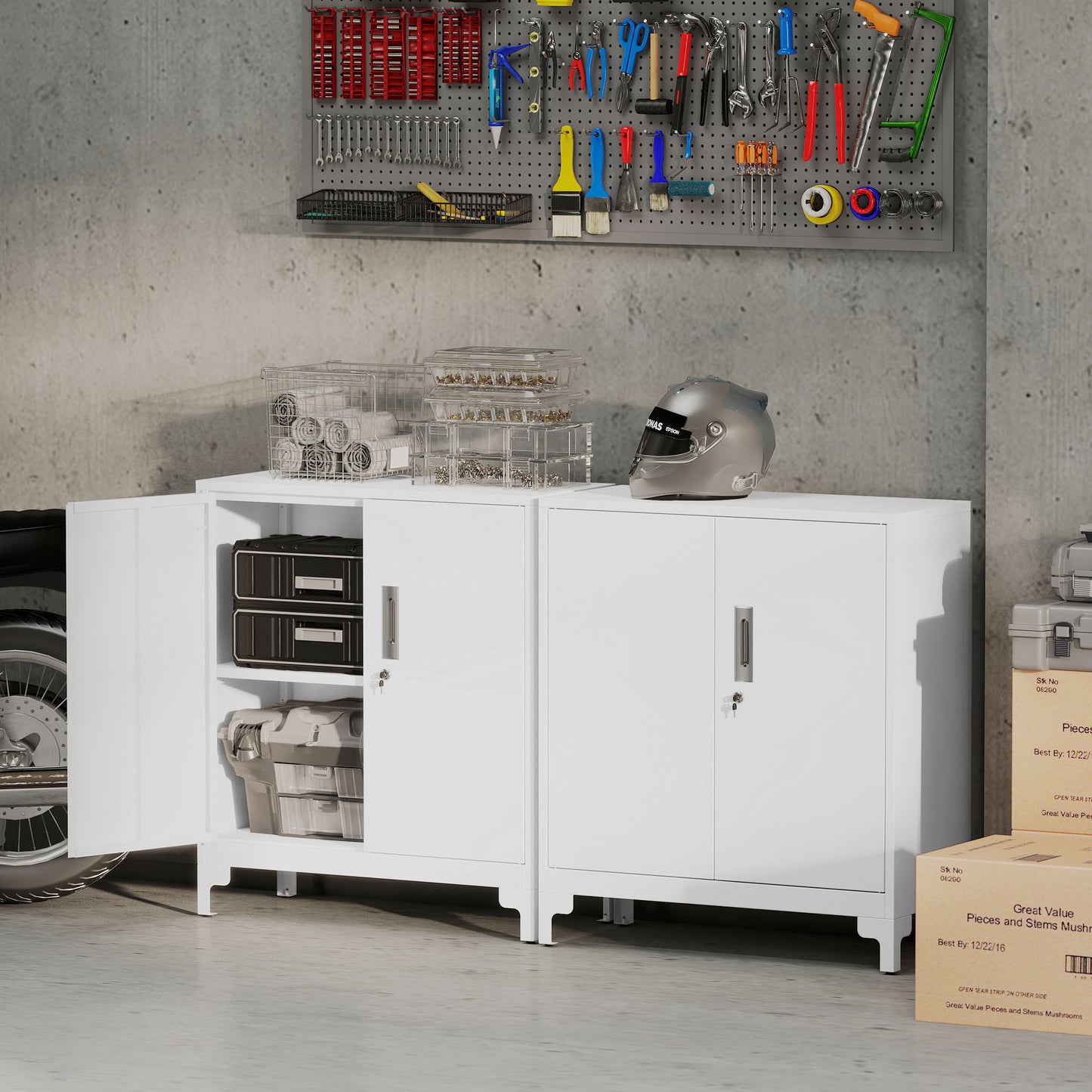 Lockable Metal Filing Cabinet, 2-Tier Storage Cupboard, White