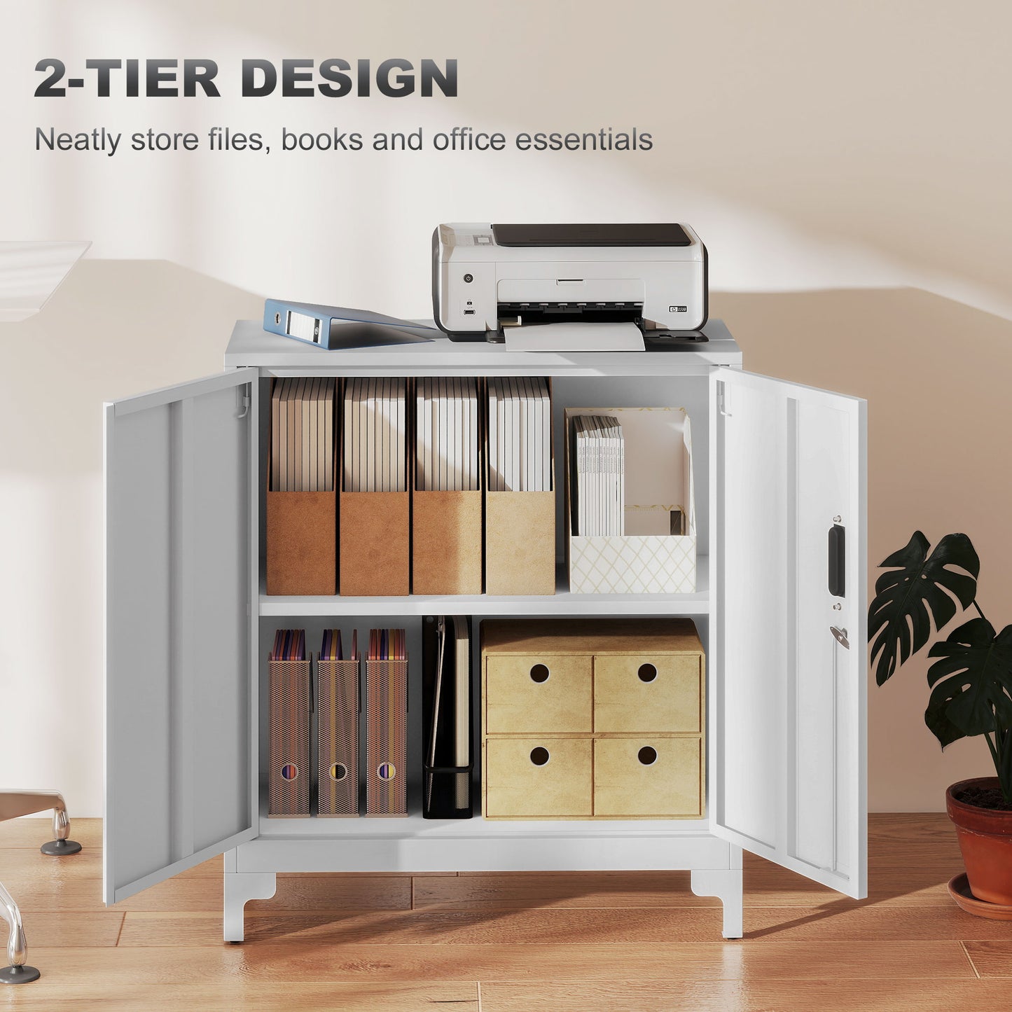 Lockable Metal Filing Cabinet, 2-Tier Storage Cupboard, White