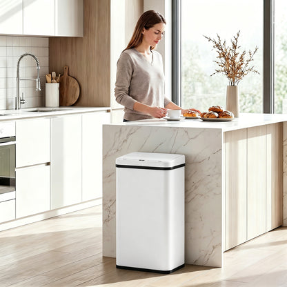 50L Sensor Bin with Quiet Soft-Close Lid, Automatic Touchless Motion Sensor Kitchen Bin with Fingerprint Resistant Stainless Steel for Hygienic Gyms, Home Office Use, White