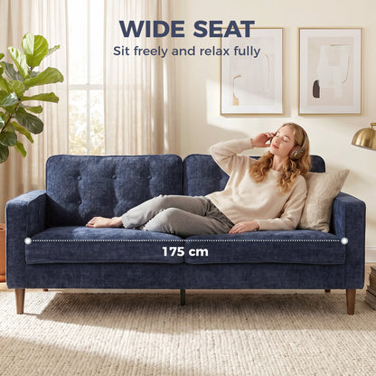 3 Seater Sofa, Upholstered Small Couch for Bedroom, Modern Futon Sofa Settee with Padded Cushion, Button Tufting and Wood Legs for Living Room, Dark Blue