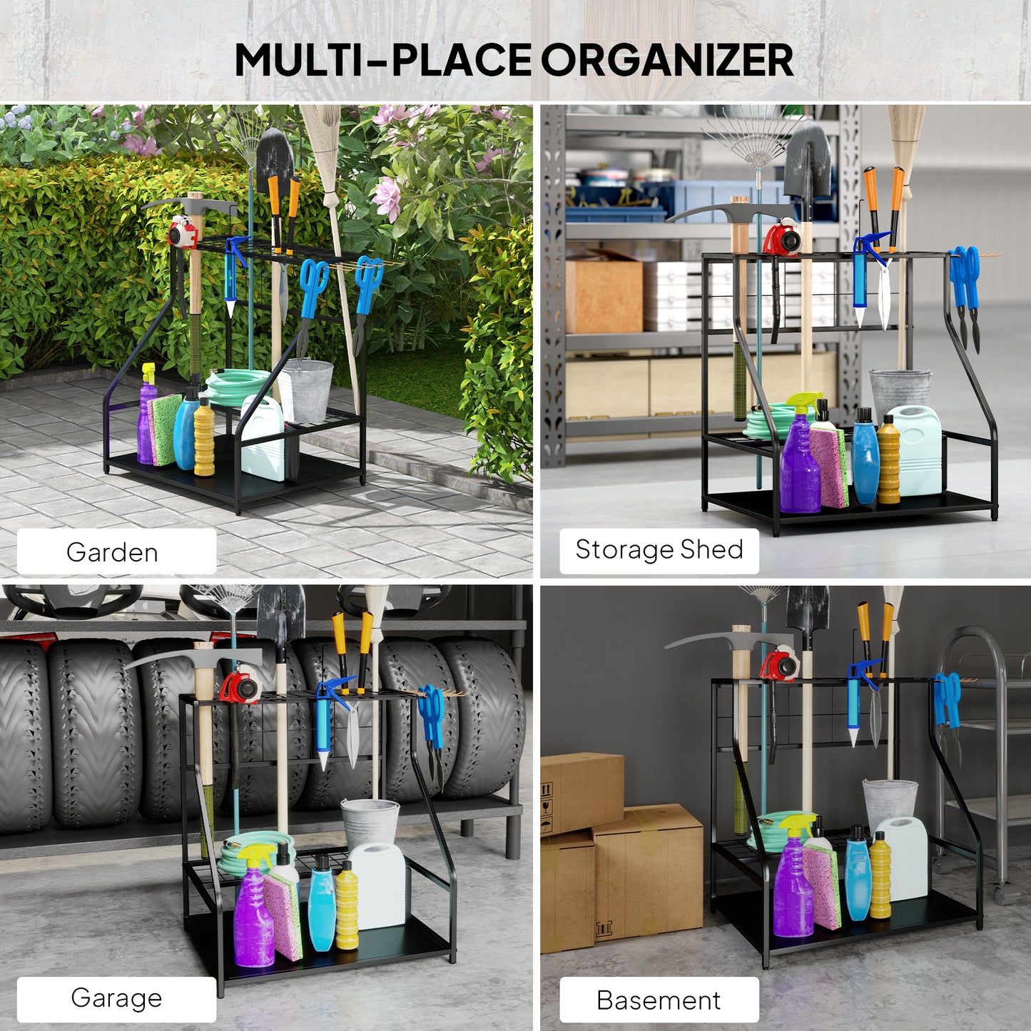 Garden Tool Storage Rack, 3-Tier Garden Tool Rack with 11 Hooks