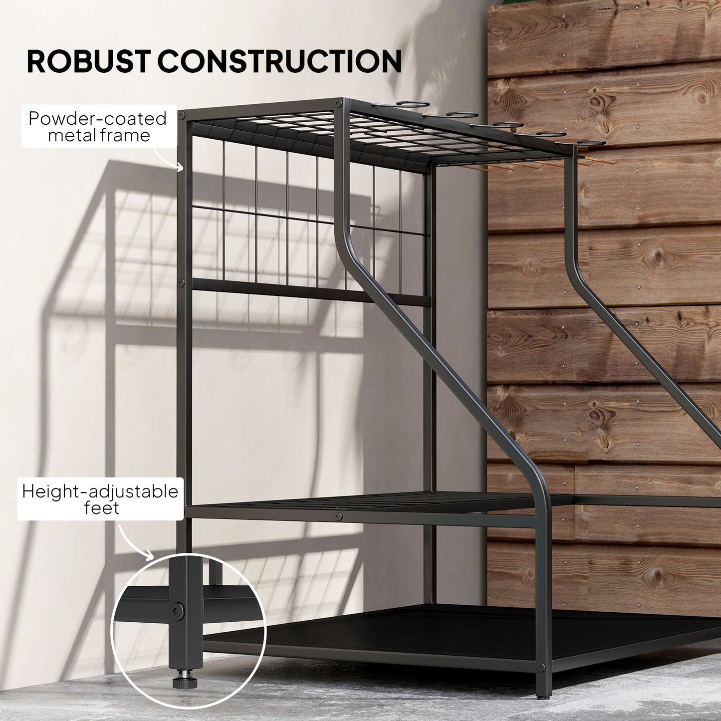 Garden Tool Storage Rack, 3-Tier Garden Tool Rack with 11 Hooks
