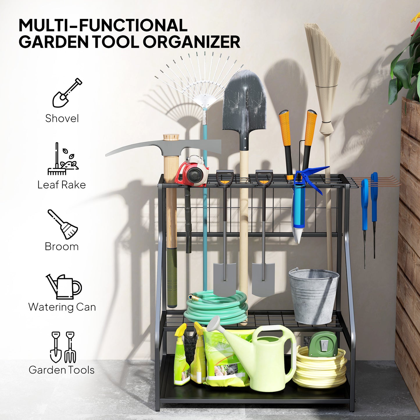 Garden Tool Storage Rack, 3-Tier Garden Tool Rack with 11 Hooks
