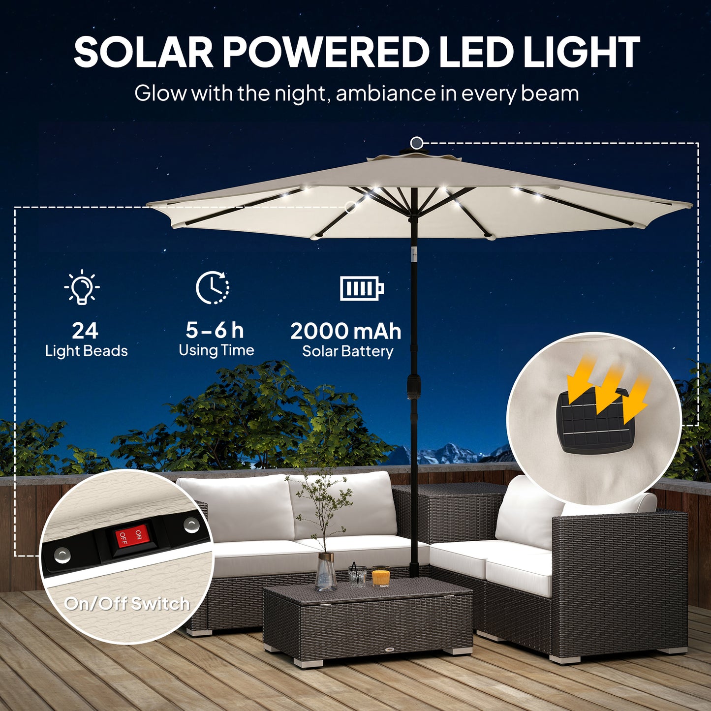 2.6 m Garden Parasol Umbrella with Light, Outdoor Patio Umbrella