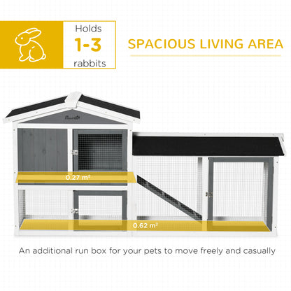 Two-Tier Wooden Rabbit Hutch w/ Run Box, Slide-Out Tray, Ramp - White