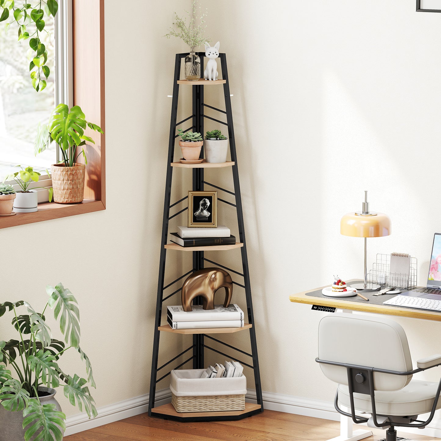5-Tier Corner Bookcase, Floor Standing Shelving Unit, Natural