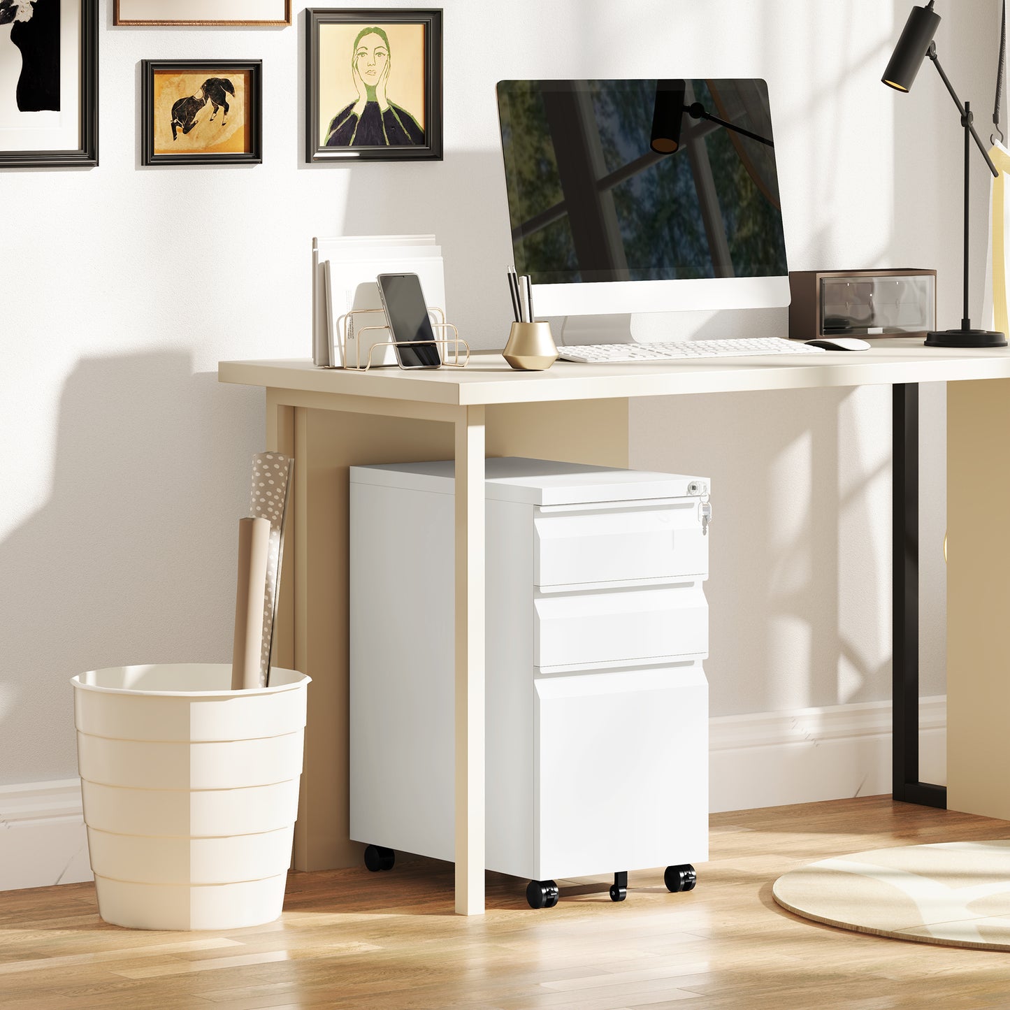 Steel File Cabinet with Lock and Wheels for Home Office, White