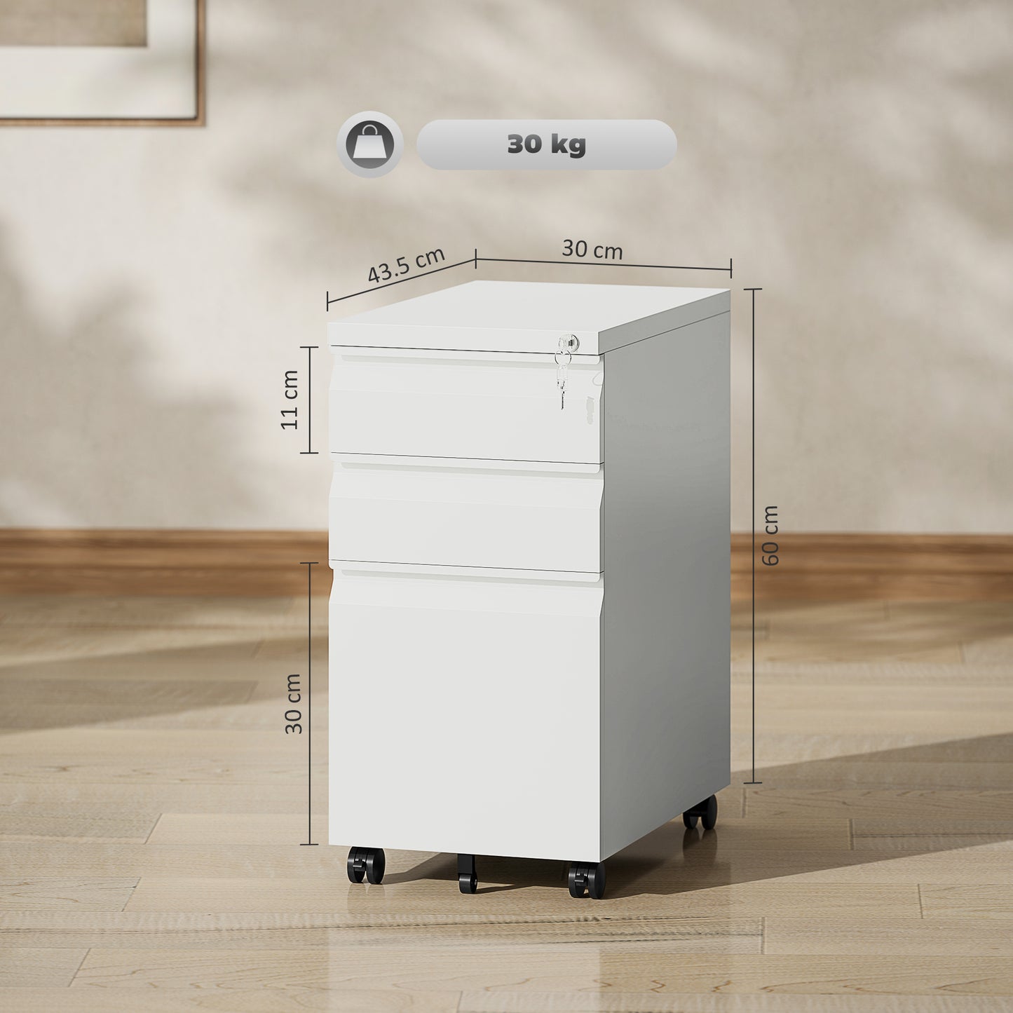 Steel File Cabinet with Lock and Wheels for Home Office, White