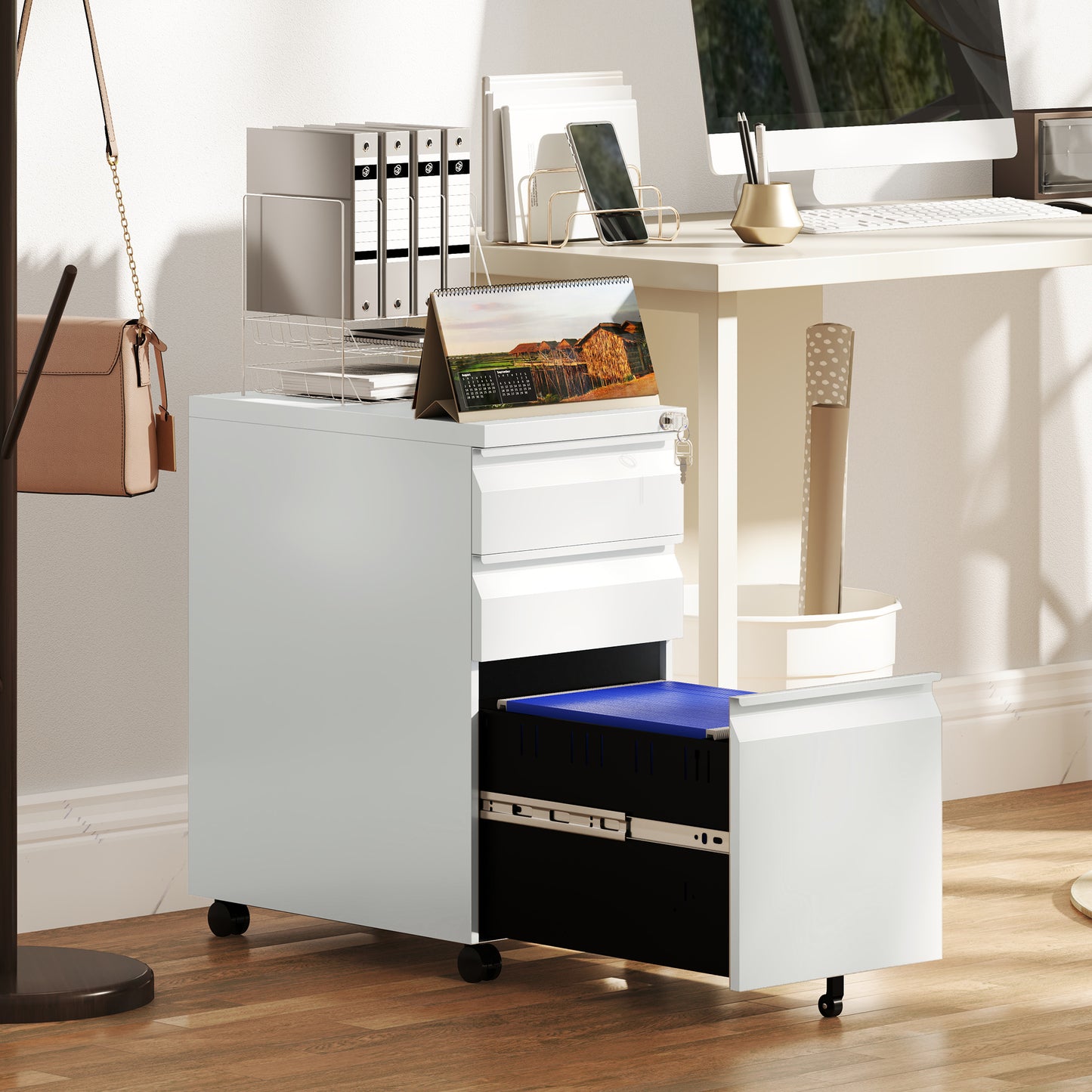Steel File Cabinet with Lock and Wheels for Home Office, White