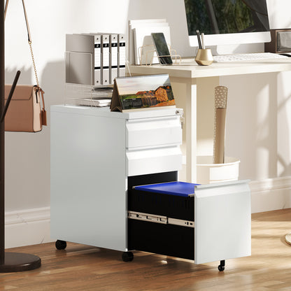 Steel File Cabinet with Lock and Wheels for Home Office, White