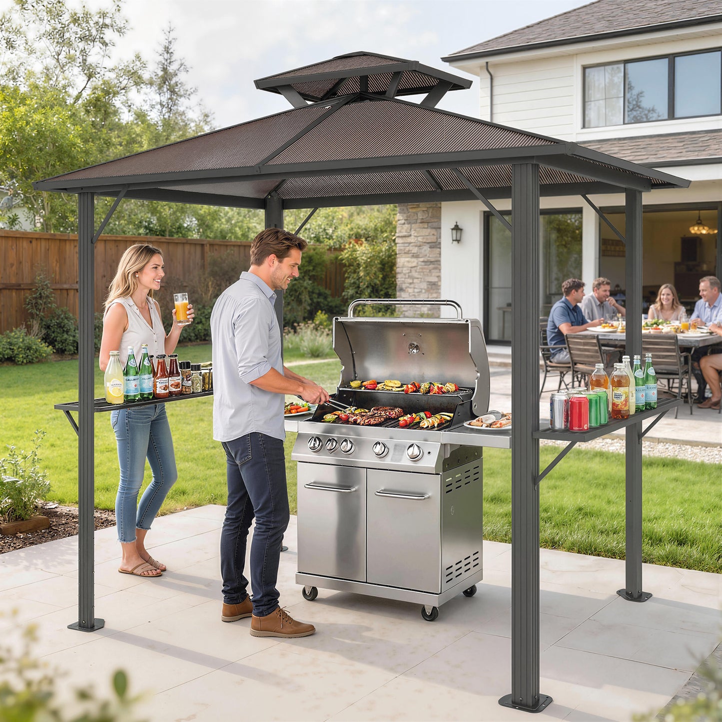 2.5 x 1.5 m Hardtop BBQ Grill Gazebo with Double Roof, Brown