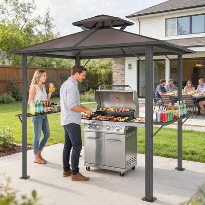 2.5 x 1.5 m Hardtop BBQ Grill Gazebo with Double Roof, Brown