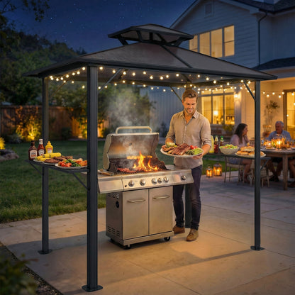 2.5 x 1.5 m Hardtop BBQ Grill Gazebo with Double Roof, Brown