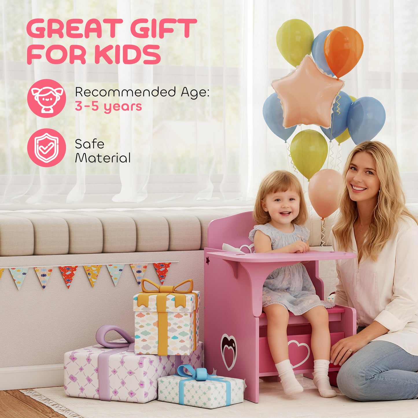 Kids Table and Chair Set, Toddler Desk Chair with Storage Bins