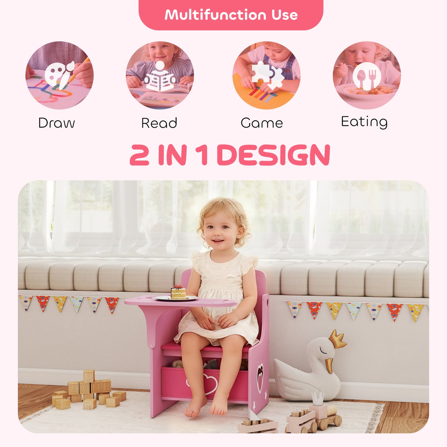 Kids Table and Chair Set, Toddler Desk Chair with Storage Bins
