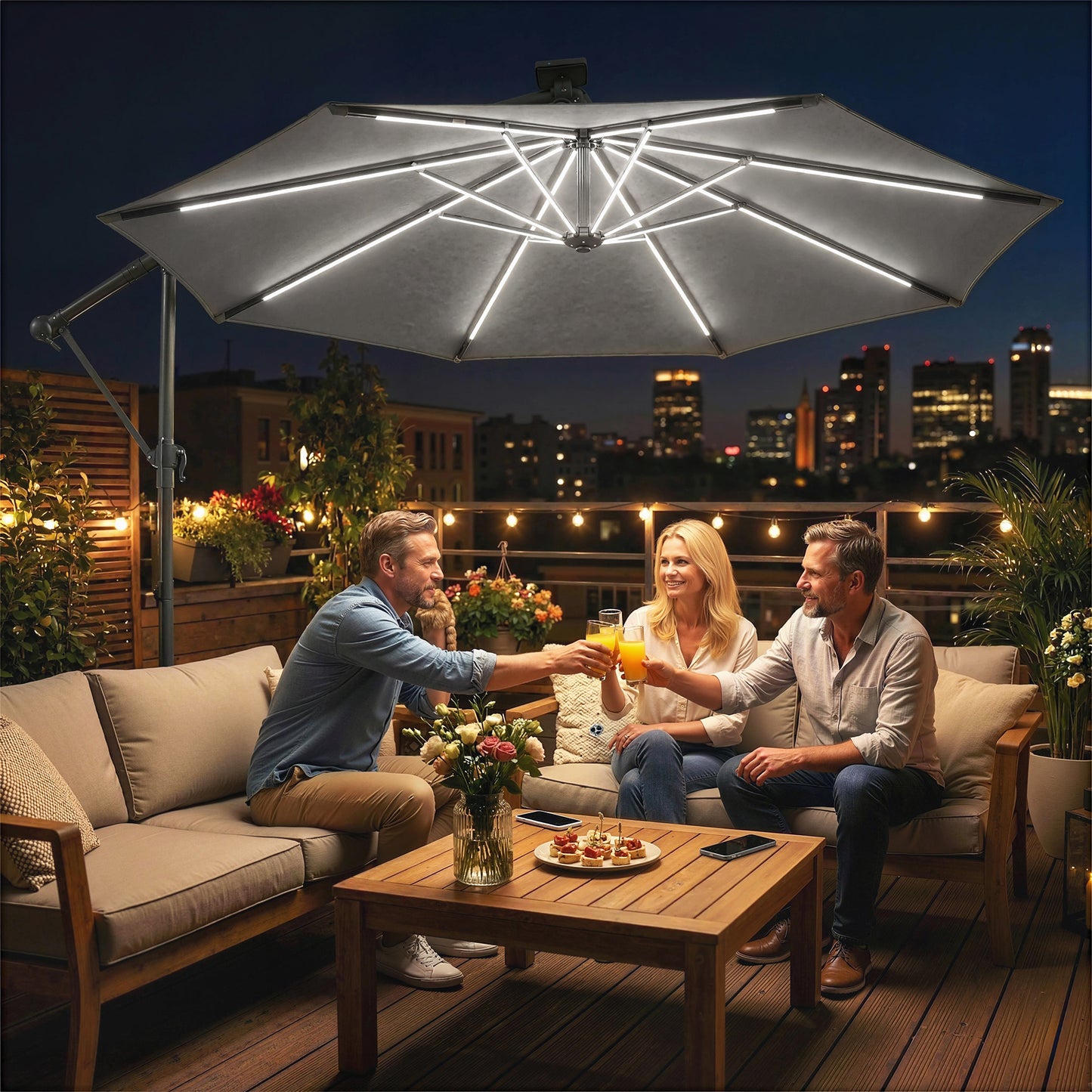 3 m Garden Cantilever Parasol with Solar Light, Rotation, Grey