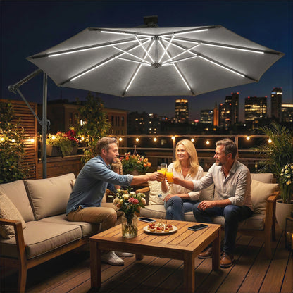 3 m Garden Cantilever Parasol with Solar Light, Rotation, Grey