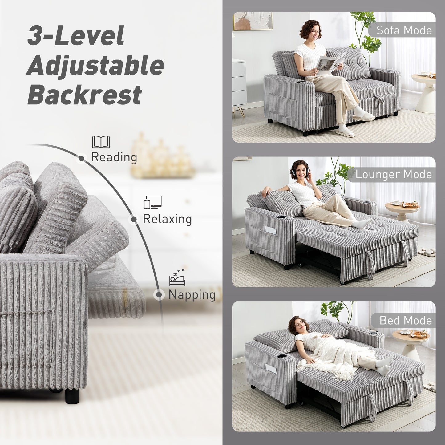 2 Seater Sofa Bed, Click Clack Pull Out Bed Settee, Light Grey