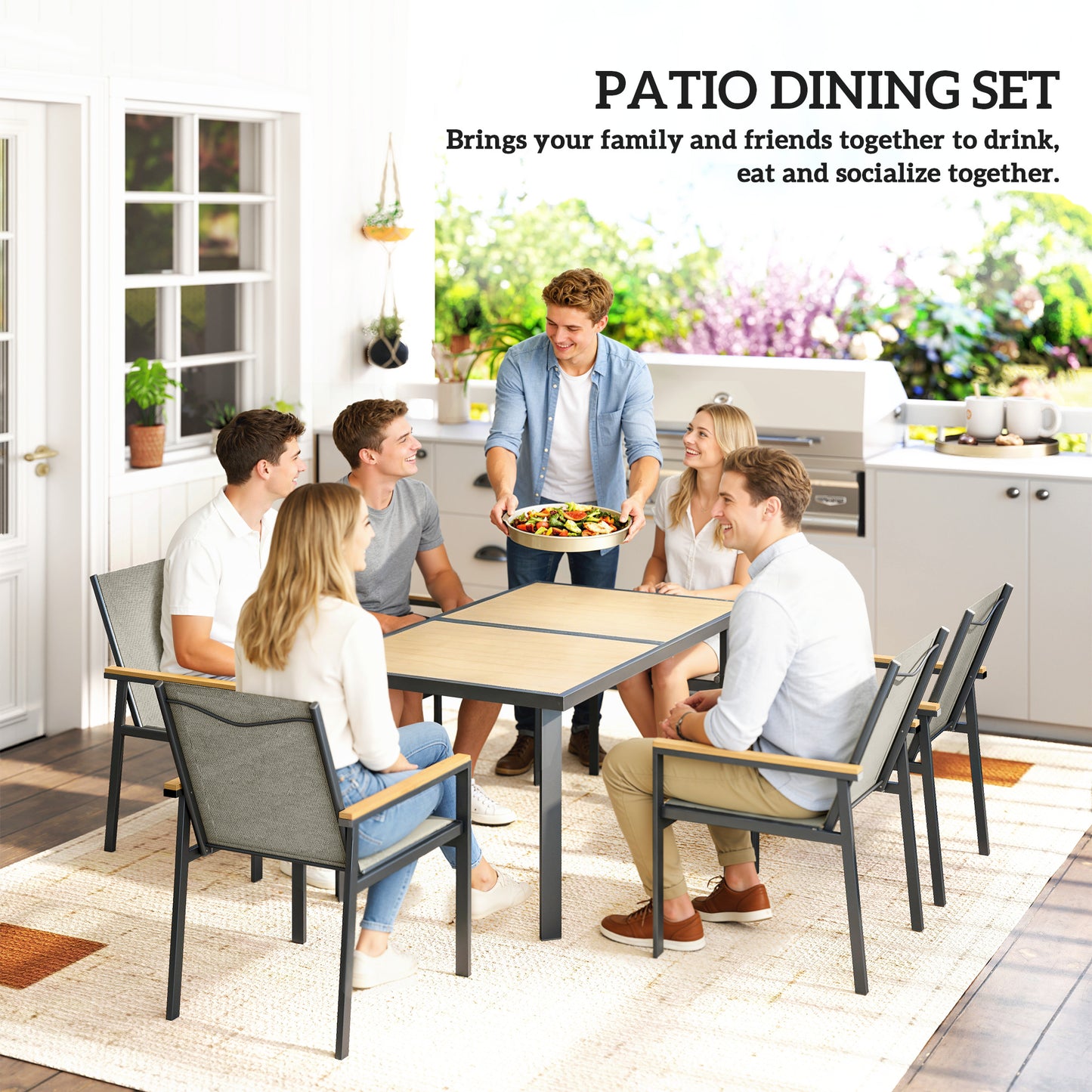 7 Piece Garden Dining Set, Outdoor Table and 6 Chairs, Khaki