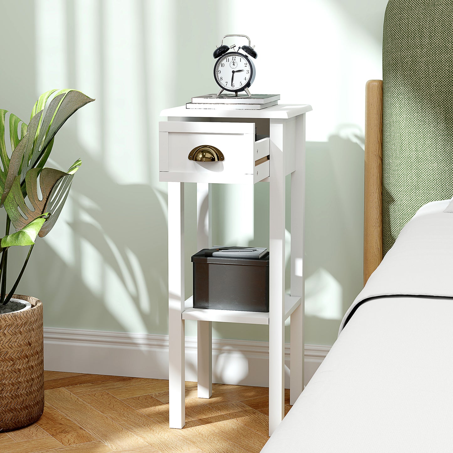 2-Tier Side Tables Set of 2 with Drawer Shelf for Living Room, White