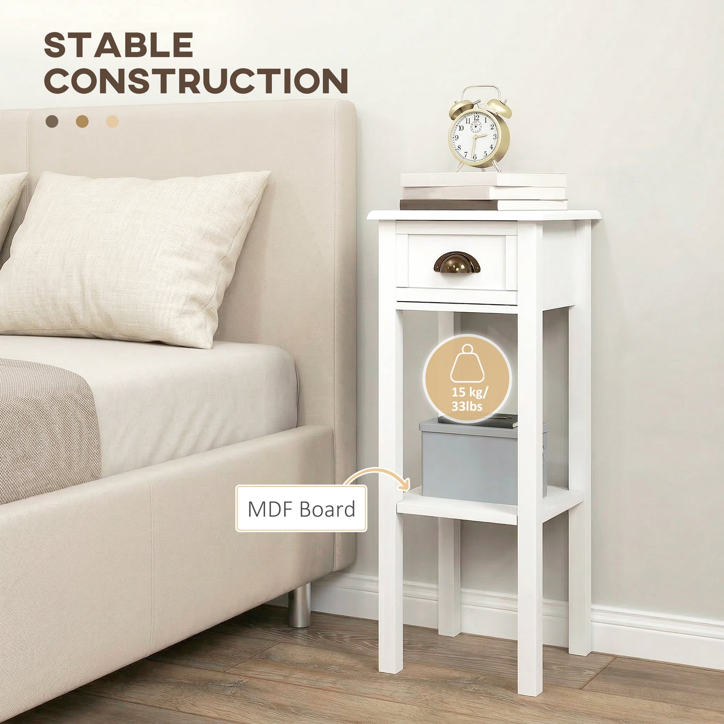 2-Tier Side Tables Set of 2 with Drawer Shelf for Living Room, White