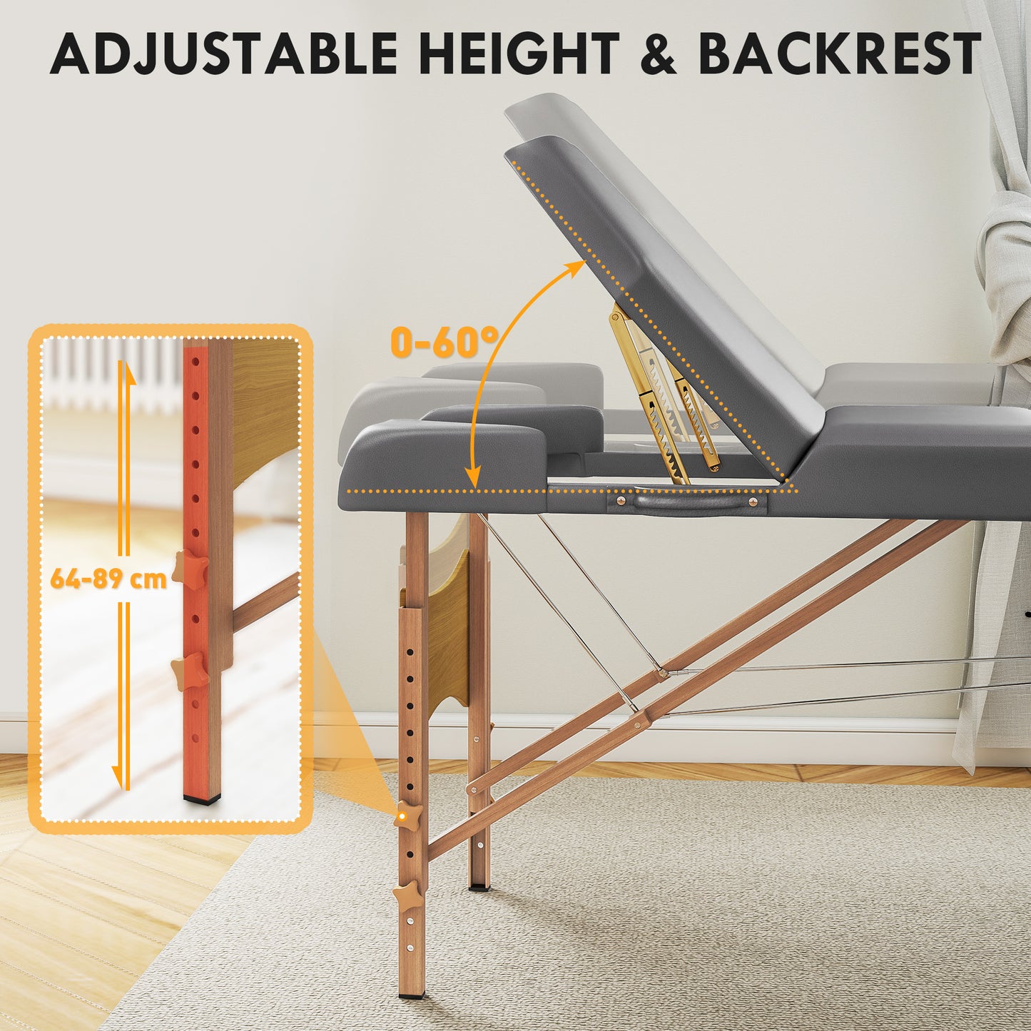 Foldable Massage Bed with Beech Wood Legs Face Cradle Armrests Grey