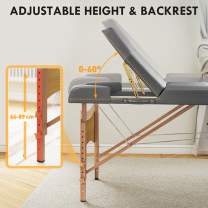 Foldable Massage Bed with Beech Wood Legs Face Cradle Armrests Grey