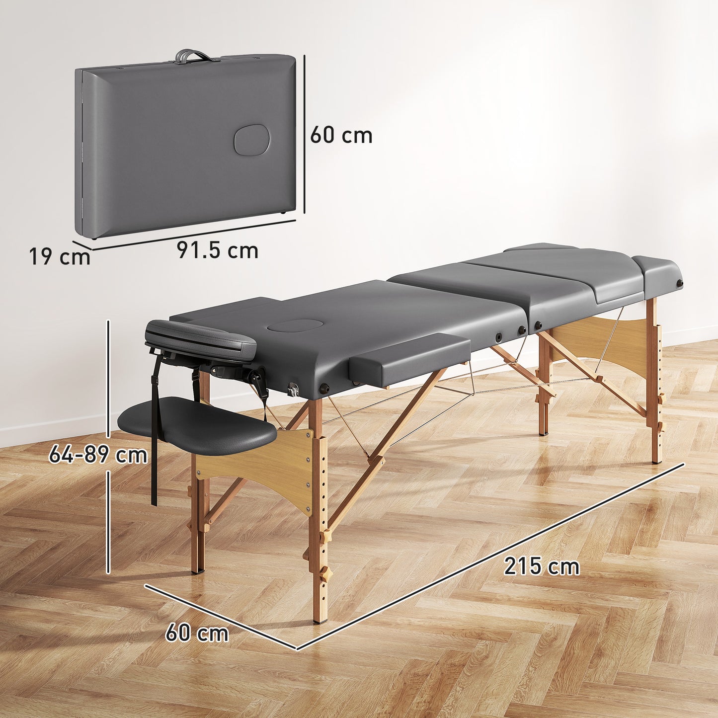 Foldable Massage Bed with Beech Wood Legs Face Cradle Armrests Grey