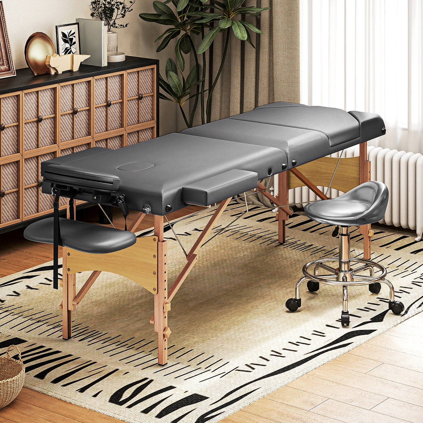 Foldable Massage Bed with Beech Wood Legs Face Cradle Armrests Grey