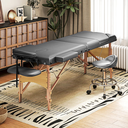 Foldable Massage Bed with Beech Wood Legs Face Cradle Armrests Grey