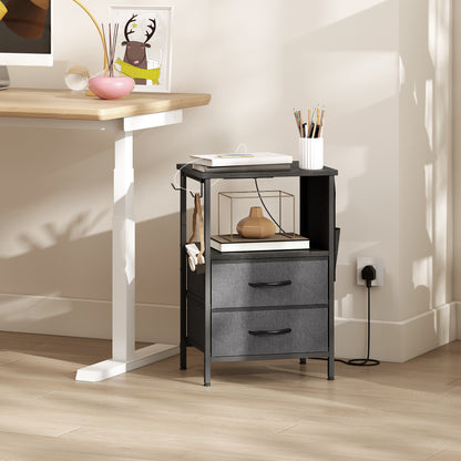 Slim Side Table with Charging Station, Bedside Table, Black